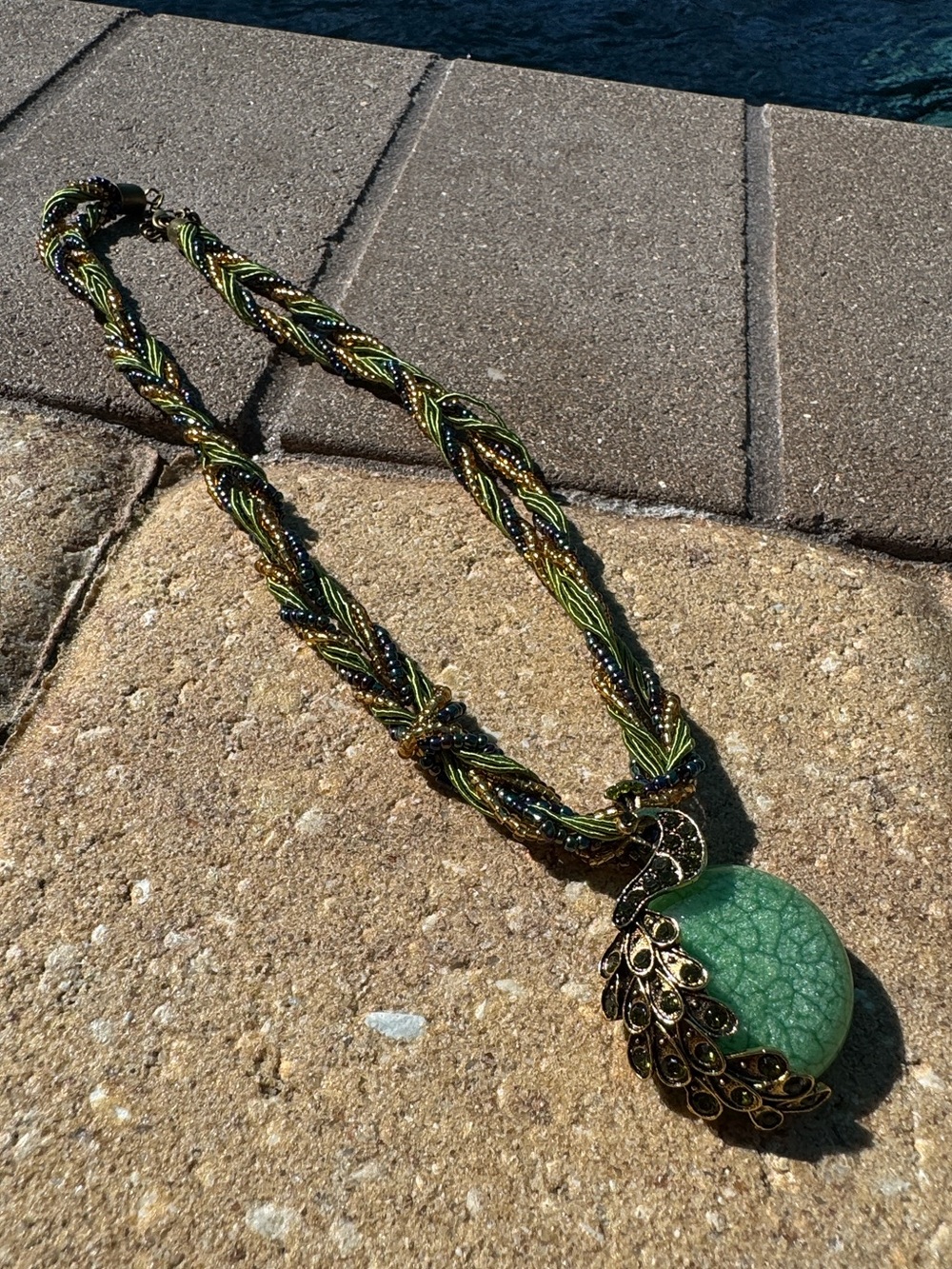 Boho Chic Peacock Gemstone Cabochon Pendant Necklace - Picture 2 of 3